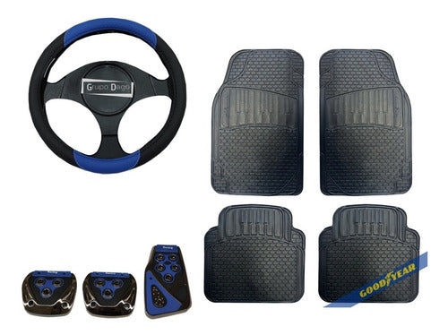 Grupo Dago Goodyear 4-Piece Carpet Mat Set with Steering Wheel Cover & Sport Pedal Set for Etios 7