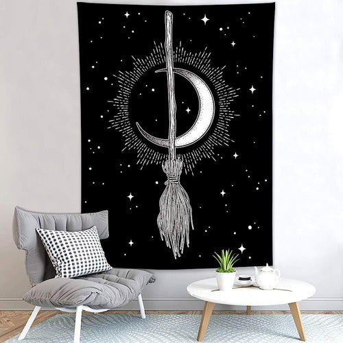 HVEST Witch's Broom Moon Tapestry Wall Hanging Black And 2