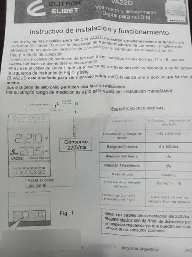 Voltimetro Amperimetro Digital Monofasico Din Elibet Va22d 1