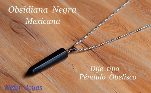 Nefer Joyas Obsidiana Negra Mexicana Dije Tipo Péndulo - Cadena De Acero 1