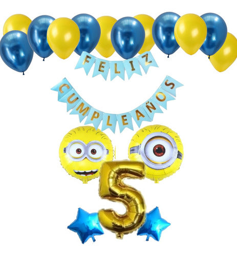Minions Balloons Set: 2 Balloons + Banner + Large Number + 2 Stars + 12 Latex 4