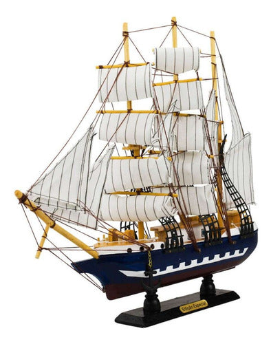 Miniatura Barco Navio Veleiro Madeira Casco Azul Base Marrom 1