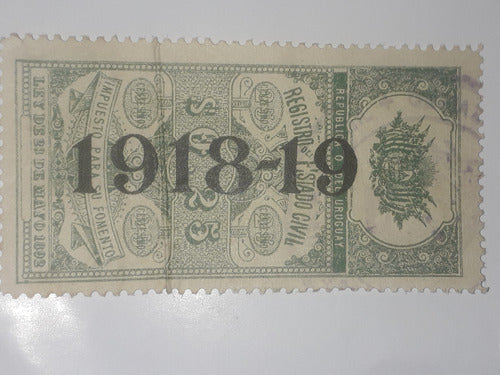 Estampilla Registro Civil Uruguay Año 1918 Impecable. 0