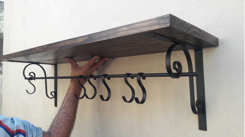 Rustic Kitchen Organizer Shelf with Hanger Hooks 1