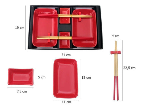 La Vidriera Regalos Set Sushi X 2 + Palillos Rojo Con Platos Dips Porcelana 1