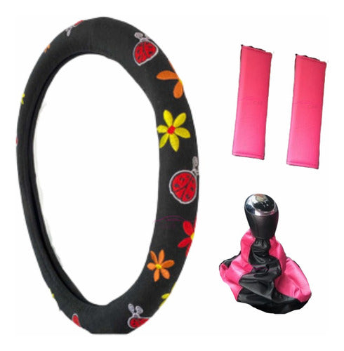 LadyCar Floral Steering Wheel Cover + Seatbelt Covers + Gear Shift Cover - Ford Ka 0