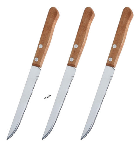 Renkai Set Cubiertos X3 Cuchillos De Mesa Mango Madera Cocina Asado 0