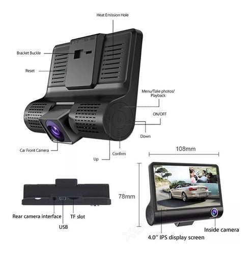 Camara Auto Triple Testigo Con Pantalla Full Hd Y Soporte 2