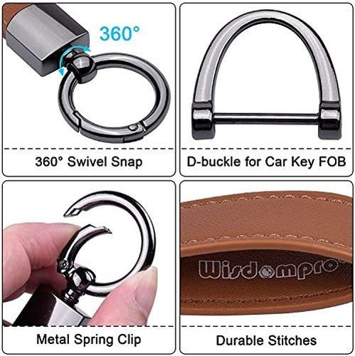 Wisdompro Brown Leather Keychain Carabiner with 3 Metal Rings and D-Ring 2