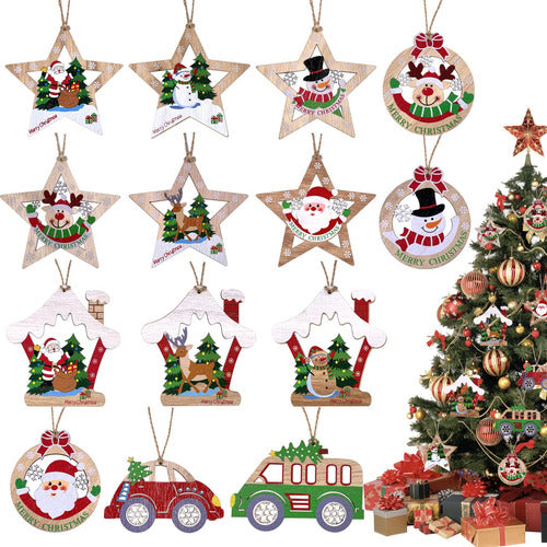 OperSeven Christmas Hanging Ornaments, 14 Printed Wooden Pieces 0