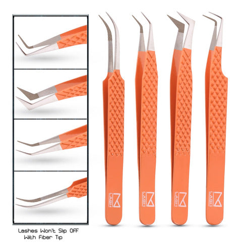 M Lash Set Of 4 Professional Eyelash Extension Tweezers - Fiber Tip, Japanese Steel, Diamond Grip 1