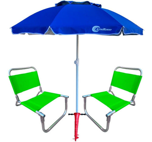 Set of 2 Reinforced Aluminum Beach Chairs 90kg + Super Strong 2m Umbrella 36