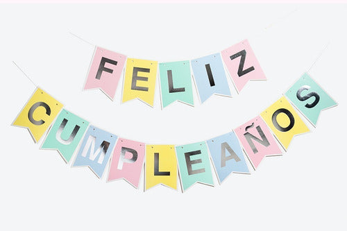 Gold Mundo Banderin Multicolor Pastel Letras Doradas Feliz Cumpleaños 0