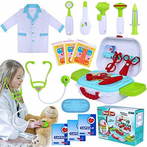 INNOCHEER Kids Play Doctor Kit with Roleplay Doctor Costume and Carry Case for Little Girls 0