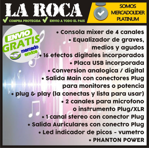 Consola Mixer 4 Canales Usb Efectos Interfaz De Grabacion 5