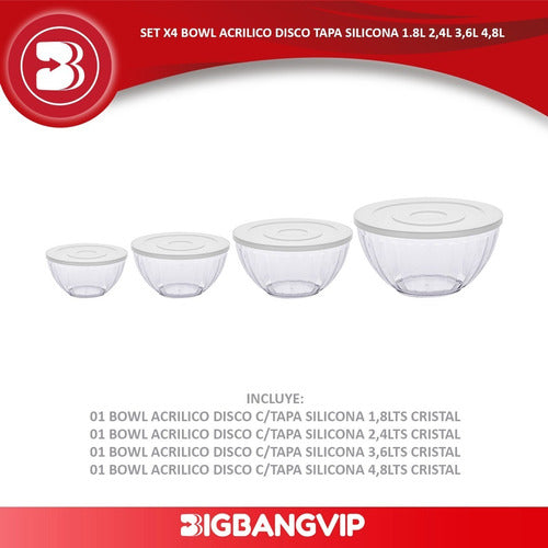 Set of 4 Acrylic Bowls with Silicon Lid Crystal Paramount 1