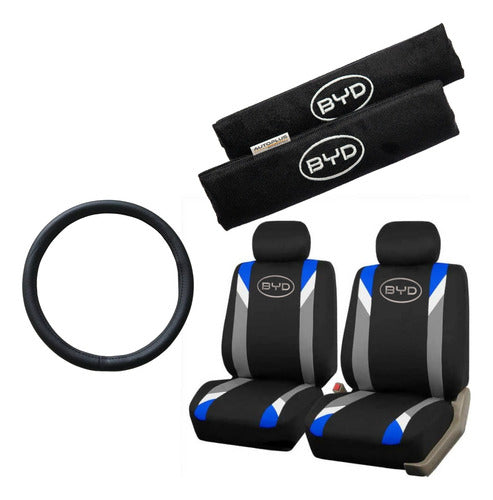 Autoplus Accesorios Funda Tela Gris Azul Y Cubre Cinto Byd + Cubre Volante 0