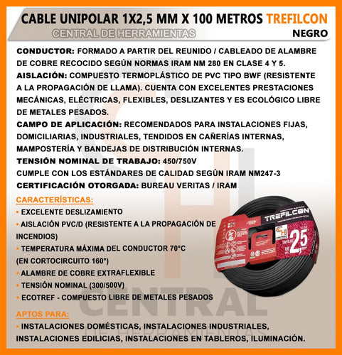 Trefilcon Certified Electrical Cable 1x2.5mm Black 100m 1