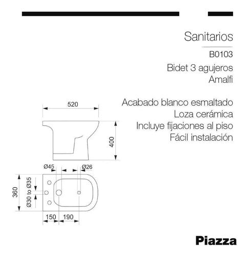 Piazza Bidet 3 Holes Amalfi B0103 White Ceramic for Bathroom 1