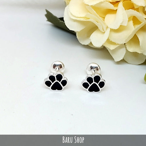 925 Silver Stud Earrings with Black Enamel Paw Design 1