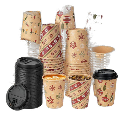 Vasos Papel Descartables Navidad Con Tapa 355ml Pack X 100 0