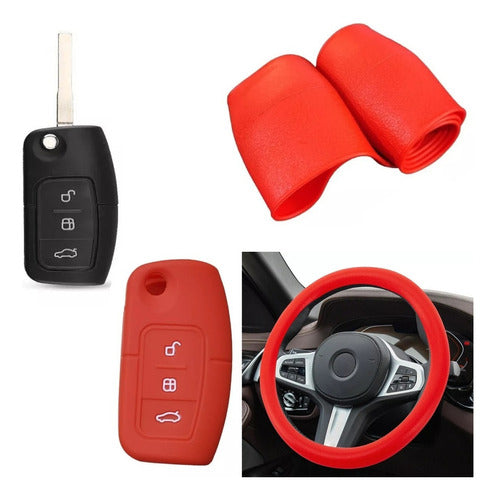 Cubre Volante + Funda Llave Silicona Ford Ecosport - Rojo 0