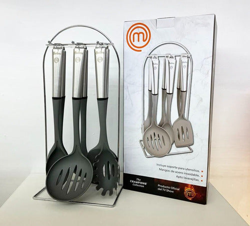 Set 6 Utensilios Hudson  Nylon Mango Acero Con Soporte! 2