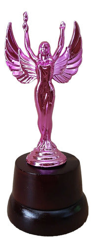 CABPremiaciones Trofeo Plástico Alada Alado Rosa 14cm Souvenir Base Madera 0