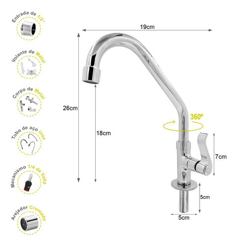 Torneira Inox Metal Alta 3/4 Bica Móvel Bancada Cozinh 6061c 1