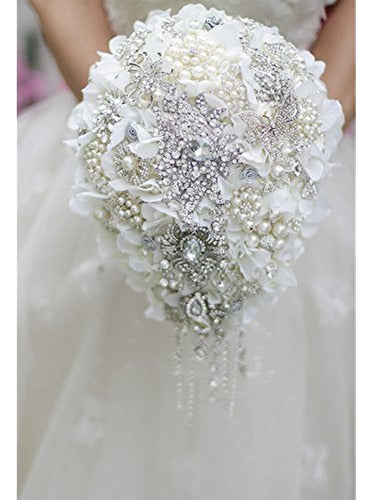 Iffo White Hydrangea Drop Brooch Bouquet Silver Wedding Bouq 1