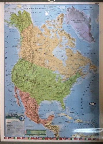 Mundo Cartografico Mapa America Del Norte Bifaz-Varillado-Físco-Poli-1,30x0,95m 1