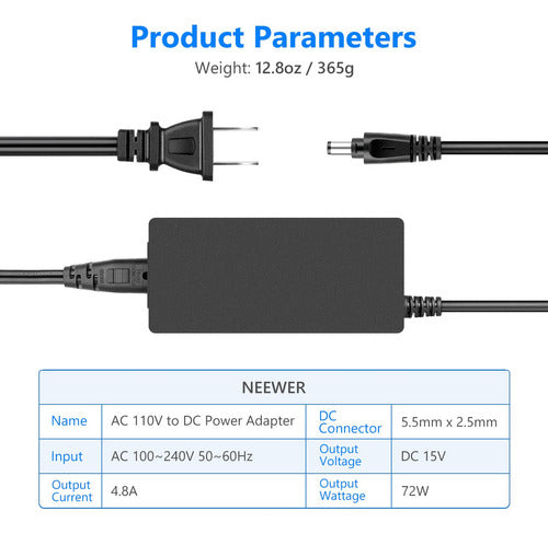 Nuevo Ac 110 V A Dc 15 V Adaptador De Corriente Con Cable De 3