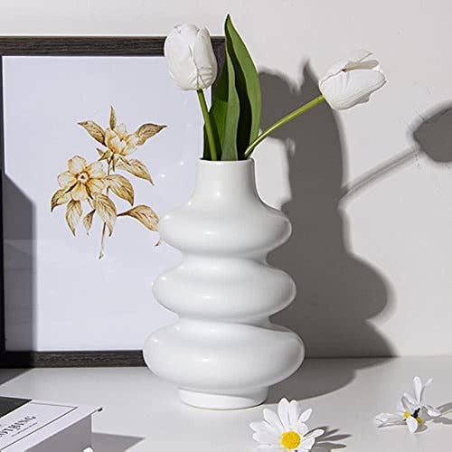 Poitemsic White Ceramic Wavy Lines Vase 2