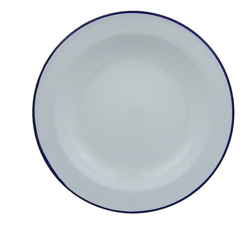 Set of 6 Enamelled Dinner Plates 24cm Diameter Blue Rim 0