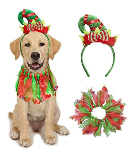 Bwogue Christmas Dog Costume Collar with Elf Headband for Dogs 0