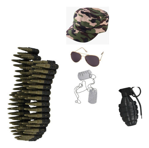 Military Costume Combo Belt Cap Grenade Badge Glasses 0
