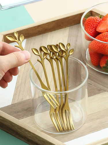 Set of 6 Stainless Steel Cocktail Forks with Gold Leaf Design 3