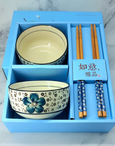 DSZ Set De Sushi P/ 2 Personas Cuencos + Palillos Flores Azules 4