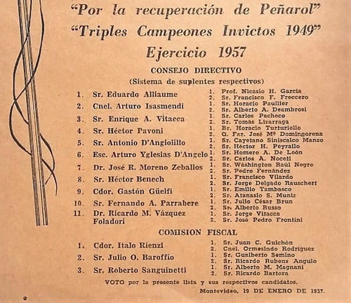 Lista Club Peñarol 1957 Con Ctor. Gastón Guelfi En 9o. Lugar 1