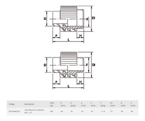 Tubo Macho Fus Macho 40x1 1/4 Acqua System Dema 08-274040032 1