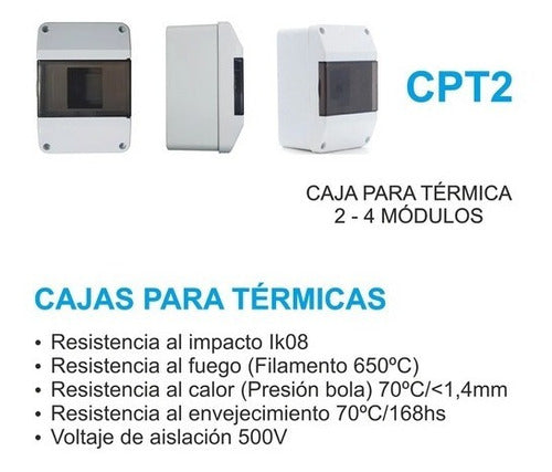 Surface-mounted Electrical Panel for 2 Bipolar Thermal Breakers 4 Sockets 1