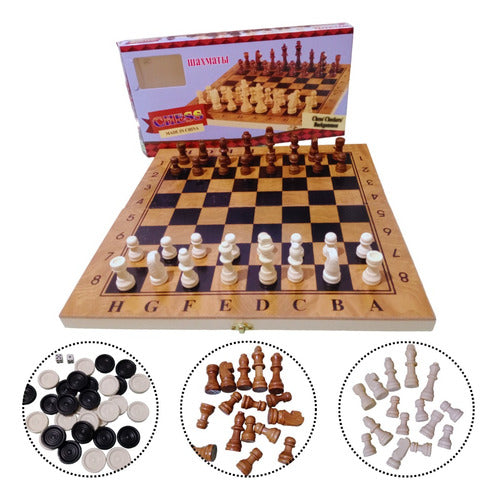 3-in-1 Chess Checkers Backgammon Small Wooden Board Game Set 0