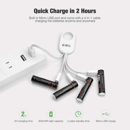 EBL Pack of 4 Triple AAA Lithium Batteries 900mWh with USB Charger 1