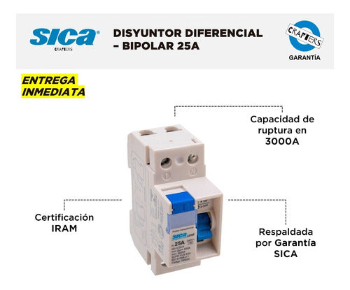 Sica Bipolar 2x25 25A 30mA Differential Breaker 1