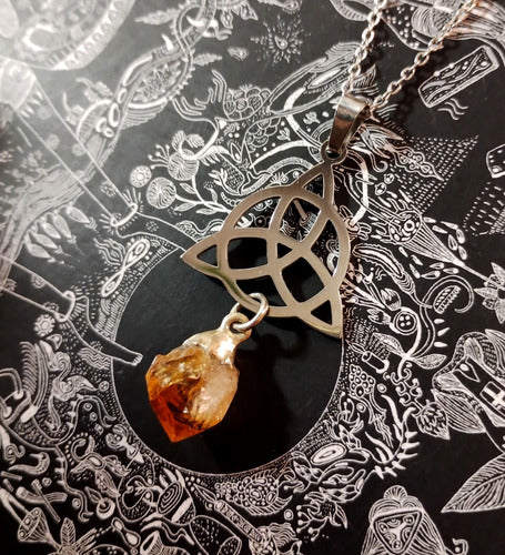 Wicca Trisquel Triquetra with Citrine Quartz Pendant and Steel Chain 2