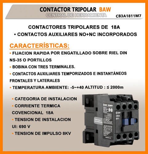 BAW Contactor 18 Amp Tripolar 7.5kW Coil 220V 1