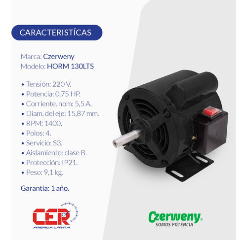 Czerweny Motor Hormigonera 130 Litros 0,75 Hp 4 Polos 220v 1