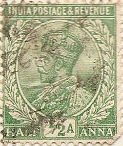 Antiguo Sello Inglaterra India Postage Revenue Half 1/2 Anna 0