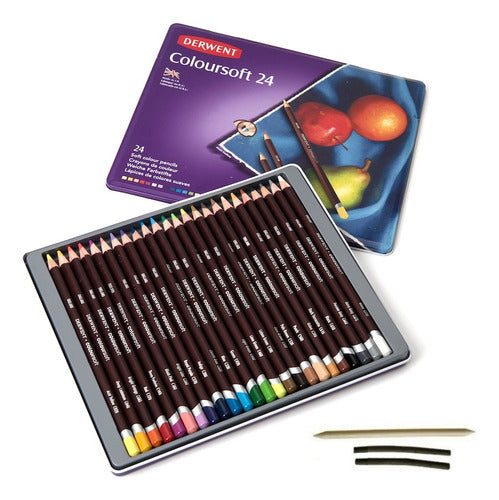 Derwent Coloursoft Pencils X 24 + Blending Stump + Charcoal Sticks 0