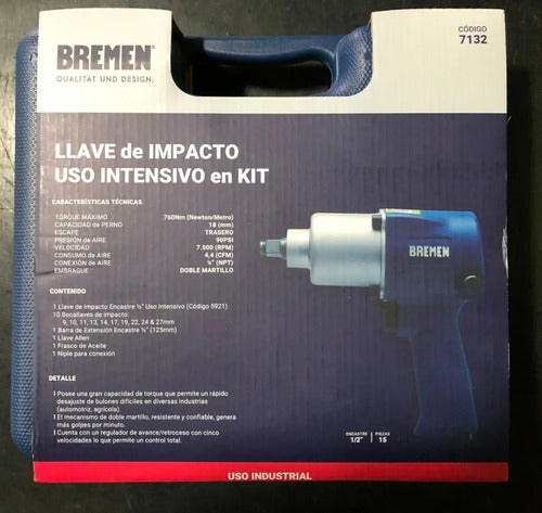 BREMEN Pneumatic Impact Wrench 1/2 Bremen Kit 15 Pz Double Hammer 7132 4